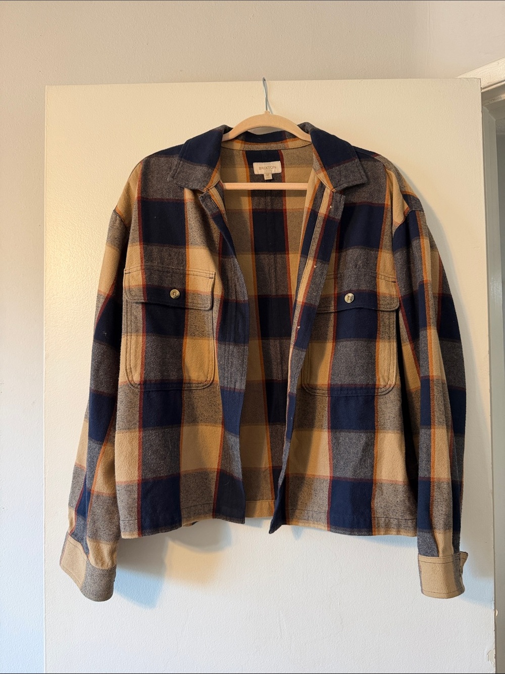 Woman’s Plaid Shirt Jacket - Navy, Tan & Gray